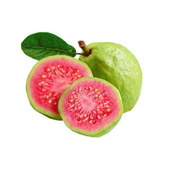 Fresh Red Guava Fruit Sliced and Whole with Leaf Isolated on Black Background