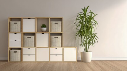 Modern minimalist living room interior featuring modular shelving, storage boxes, drawers, potted plant, and wooden floor