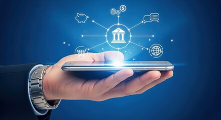 Digital Banking and Finance Concept: Person Holding Smartphone Displaying Financial Icons and Information, Illustrating Modern Connectivity