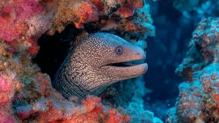 A white spotted moray eel emerges from colorful coral showcasing its speckled pattern and open mouth