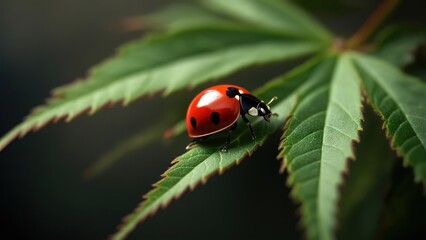 Obraz premium Vibrant red ladybug on a distinctive green plant leaf, close-up macro shot