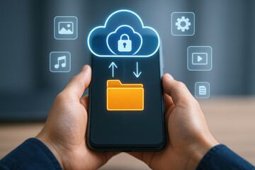 Cloud storage concept with folder and security lock icon on smartphone screen held by person