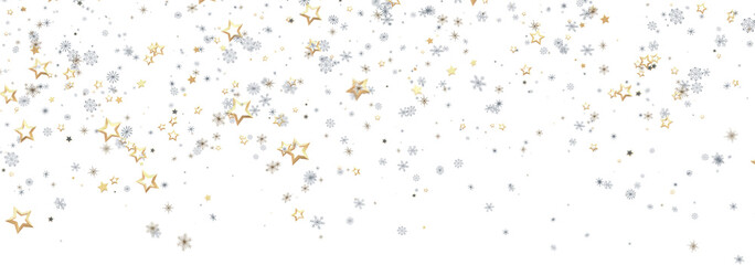 Festive winter background with gold and silver stars and snowflakes. Perfect for Christmas, New Year, or winter holidays