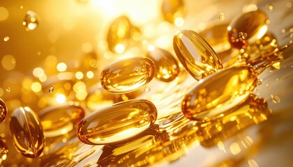 Golden capsules floating in warm light convey health, vitality, and the golden promise of wellness through supplements and natural energy