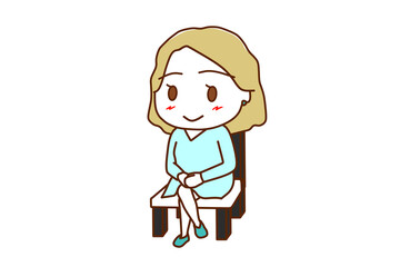 （全身斜め）椅子に笑顔で足を組んで座っている白人女性