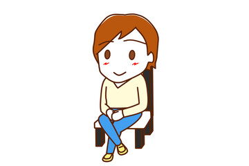 （全身斜め）椅子に笑顔で足を組んで座っている白人男性