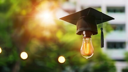Light Bulb Graduation Cap: Graduates Wearing Mortarboards with Glowing Bulbs &ndash; Symbolizing Innovation, Creativity & Bright Futures in Ceremony Scenes with Gowns, Diplomas & Campus Backdrops