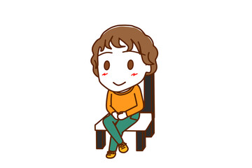 （全身斜め）椅子に笑顔で足を組んで座っている白人少年