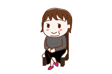 （全身斜め）椅子に笑顔で足を組んで座っている太った女性