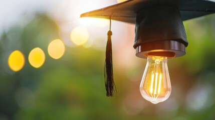 Light Bulb Graduation Cap: Graduates Wearing Mortarboards with Glowing Bulbs &ndash; Symbolizing Innovation, Creativity & Bright Futures in Ceremony Scenes with Gowns, Diplomas & Campus Backdrops