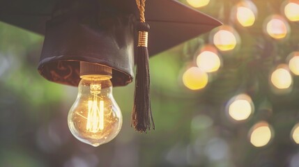Light Bulb Graduation Cap: Graduates Wearing Mortarboards with Glowing Bulbs &ndash; Symbolizing Innovation, Creativity & Bright Futures in Ceremony Scenes with Gowns, Diplomas & Campus Backdrops