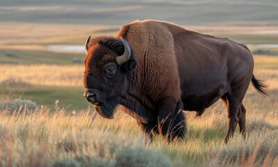 Obraz premium Bison stands in golden grassy field, head down, side view