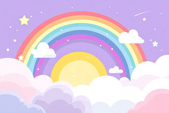 A pastel-colored, stylized illustration of a rainbow arching over clouds, with a sun and stars - Powered by Adobe