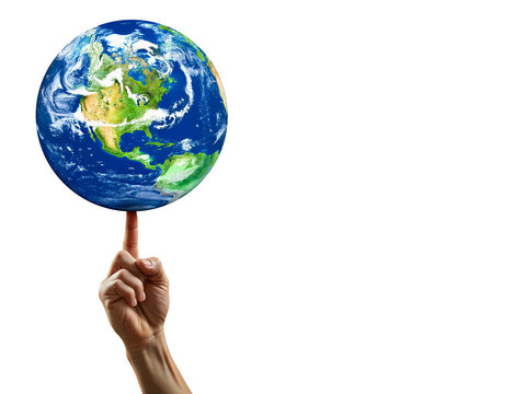 hand stands spinning globe on finger with north america in focus. Worldwide, Global Business. international cooperation, business network