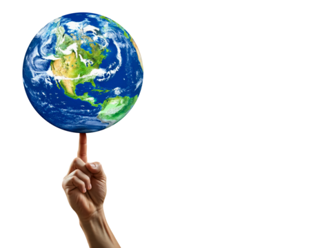hand stands spinning globe on finger with north america in focus. Worldwide, Global Business. international cooperation, business network