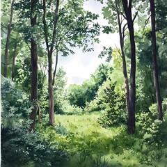 Fototapeta premium Nature adventure exploring serene forest landscapes lush greenery artistic illustration tranquil environment eye-level perspective serenity in nature