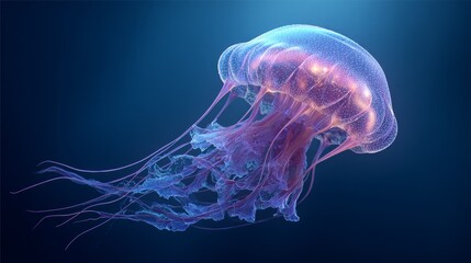Bioluminescent jellyfish with long tentacles swims in a deep blue sea