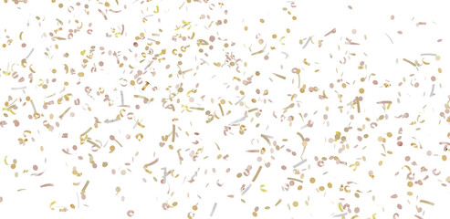 Beautiful image of gold and rose gold confetti falling on white background. Perfect for celebrations, parties, and festive designs.
