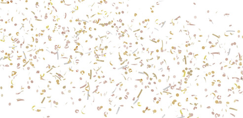 Beautiful image of gold and beige confetti falling on a white background. Perfect for celebrations, parties, and festive designs.