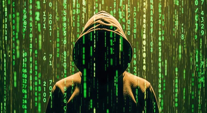 Mysterious Hacker Silhouette Against Digital Binary Rain: Cybersecurity Concept Depicting Threat and Digital Security