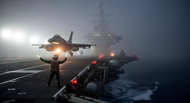 F-16 fighter jet landing on an aircraft carrier at midnight fog with deck crew guiding.
 - Powered by Adobe