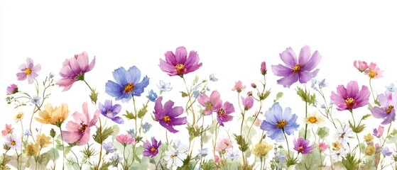 Fototapeta premium Watercolor floral border with cosmos and wildflowers in pastel shades of pink, purple, 