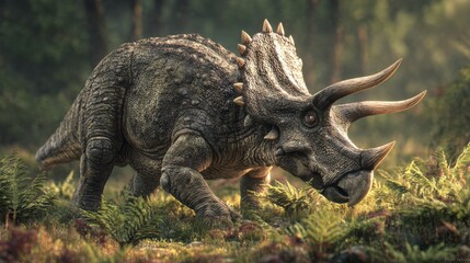 Detailed depiction of a Triceratops in its natural habitat showcasing skin texture horns and forest setting
