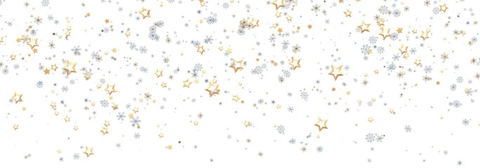 Festive background with gold and silver stars and snowflakes. Perfect for holidays.