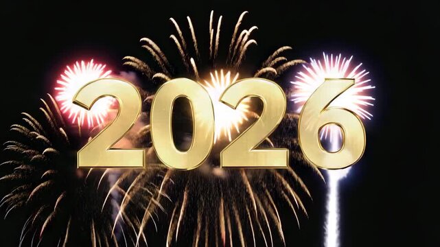 Happy New Year 2026 concept celebration with fireworks on black background