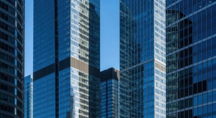 Fototapeta premium Blue glass skyscrapers stretch toward the sky, reflecting bright daylight