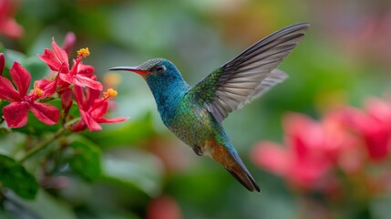 Hummingbird bluegreen with spread wings hovers near vibrant red flowers with yellow stamens set against a blurred green and red backdrop