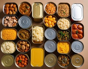 Assorted canned foods including vegetables fruits beans meat and rice in various containers and tins arranged on a flat surface for meal preparation