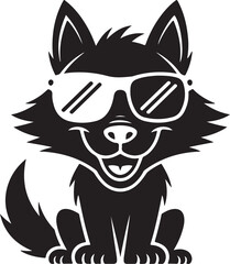 Black Silhouette of Funny Wolf Wearing Sunglasses and Smiling Black and White Vector