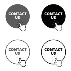 Black, gray and white contact us round button with a hand clicking on a white background