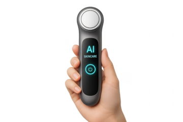 Hand holding innovative AI skincare device with transparent background
