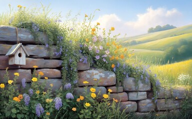 Fototapeta premium Rustic stone wall with birdhouse and wildflowers in rolling green hills