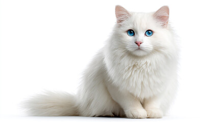 White cat, sitting on the ground, white background