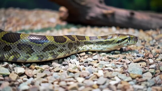 Close-up of a large snake, possibly a python or boa, showcasing its intricate patterned scales and natural camouflage on a textured gravel bed.