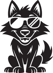 Black Silhouette of Funny Wolf Wearing Sunglasses and Smiling Black and White Vector
