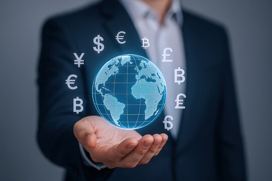 Global Finance Concept: Man Holding Holographic Globe Surrounded by Currency Symbols Depicting International Business