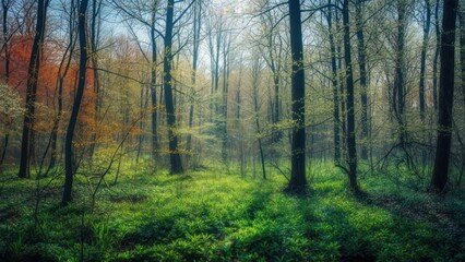 Fototapeta premium Misty Spring Forest: Lush Green Undergrowth Bathed in Soft Light Through Tall Trees