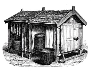 Fishing drying shed with baskets