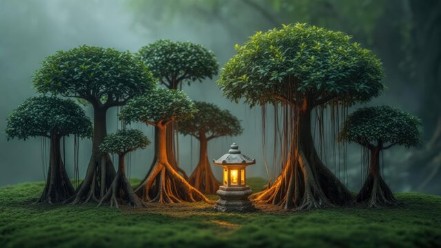Enchanted Forest with Ancient Rooted Trees and Glowing Stone Lantern