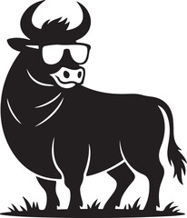 Black Silhouette of Rock Hen Bull Wearing Sunglasses Black and White Vector
