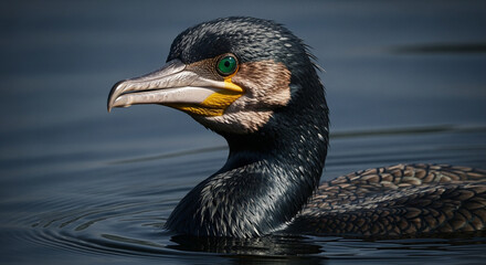  Close-up of an adult cormorant with sleek glossy black feathers and vibrant emerald green eyes emerging from dark murky water, long hooked beak, and dramatic lighting highlighting its sharp and inten