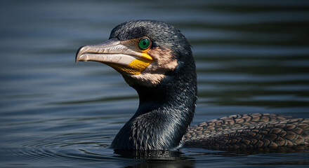  Close-up of an adult cormorant with sleek glossy black feathers and vibrant emerald green eyes emerging from dark murky water, long hooked beak, and dramatic lighting highlighting its sharp and inten