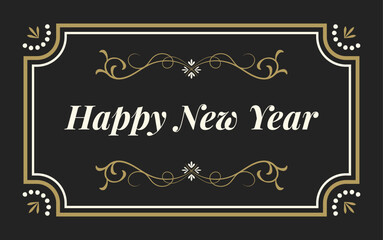 Happy New Year text banner template with vintage frame. Retro greeting card, poster, cover. Vector illustration flat style.
