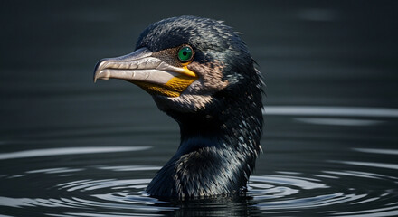  Close-up of an adult cormorant with sleek glossy black feathers and vibrant emerald green eyes emerging from dark murky water, long hooked beak, and dramatic lighting highlighting its sharp and inten