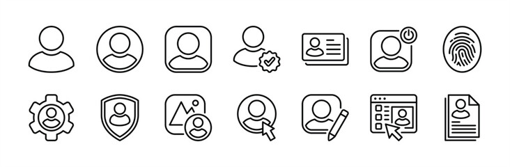 User profile icon set. Contains people or person picture, avatar, official, business card, fingerprint login access, edit photos, document data, website, settings, security, logout vector illustration