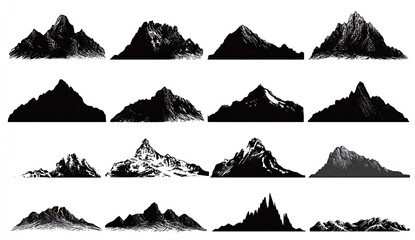 Silhouettes of diverse mountain ranges.  Black shapes on white background, varying in peak and slope complexity, suggestive of different mountain types.  A collection of mountain profiles